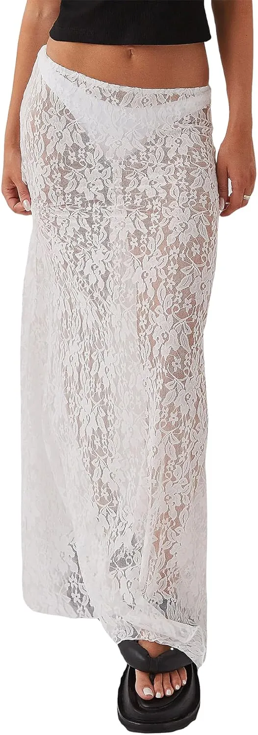 Lace Maxi Skirt for Women See Through Sexy Boho Summer Skirt Flowy Long Transparent White Skirt for Beach Vacation