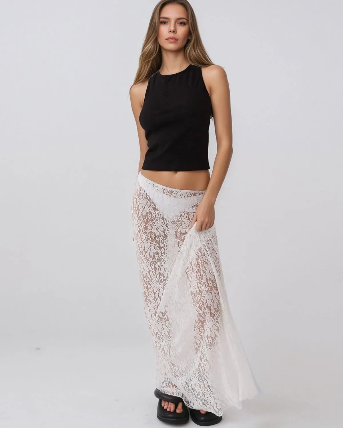 Lace Maxi Skirt for Women See Through Sexy Boho Summer Skirt Flowy Long Transparent White Skirt for Beach Vacation
