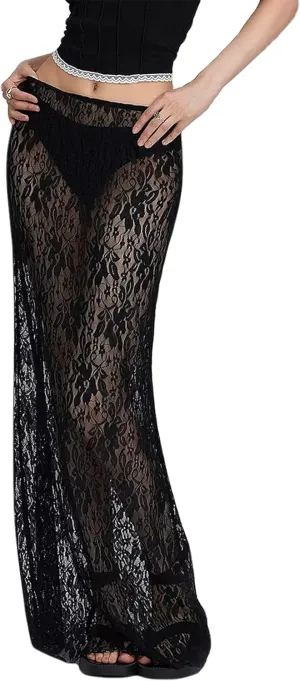 Lace Maxi Skirt for Women See Through Sexy Boho Summer Skirt Flowy Long Transparent White Skirt for Beach Vacation