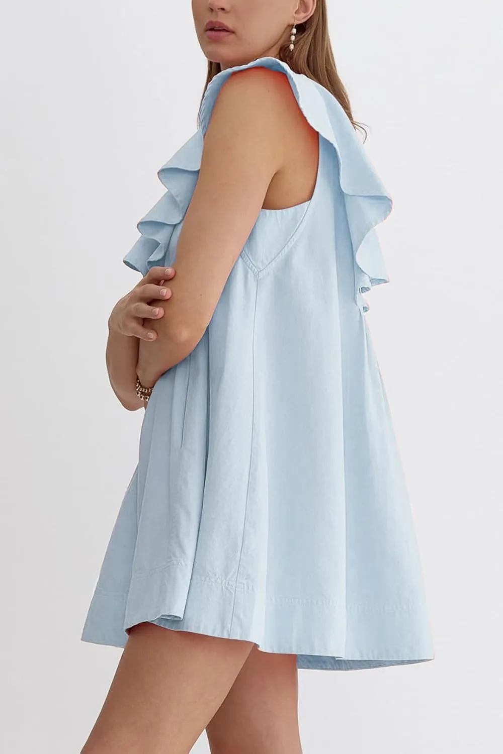 Ladyful Women's Summer Sleeveless Mini Dress Casual Loose V Neck Button Ruffle Shift Dress