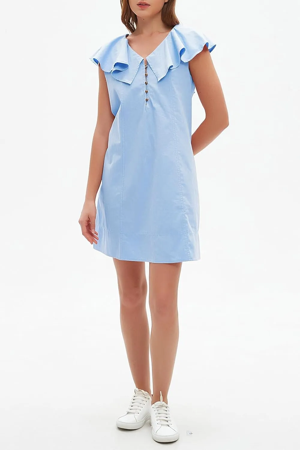 Ladyful Women's Summer Sleeveless Mini Dress Casual Loose V Neck Button Ruffle Shift Dress