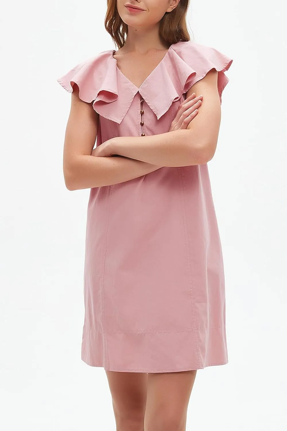 Ladyful Women's Summer Sleeveless Mini Dress Casual Loose V Neck Button Ruffle Shift Dress