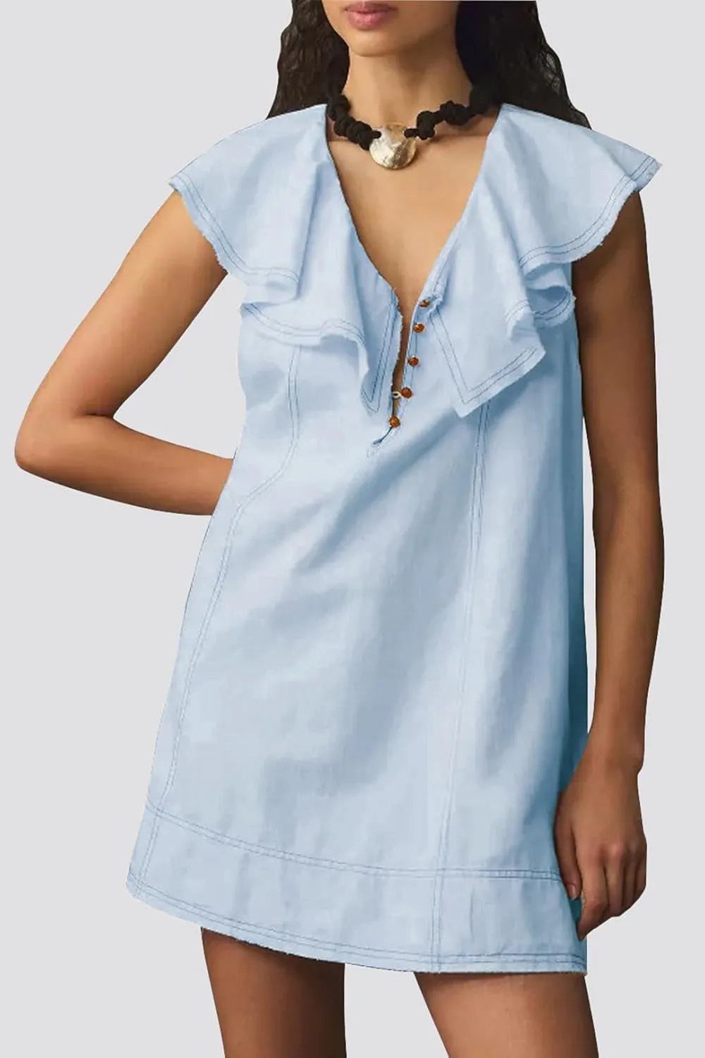 Ladyful Women's Summer Sleeveless Mini Dress Casual Loose V Neck Button Ruffle Shift Dress