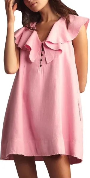 Ladyful Women's Summer Sleeveless Mini Dress Casual Loose V Neck Button Ruffle Shift Dress