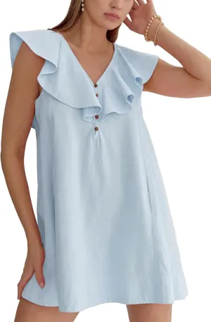 Ladyful Women's Summer Sleeveless Mini Dress Casual Loose V Neck Button Ruffle Shift Dress