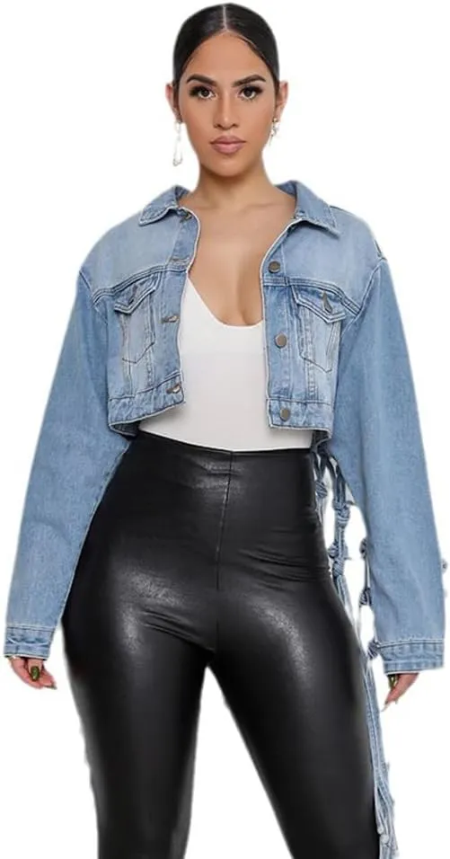 LAFOURAM Womens Cropped Jean Jacket Loose Long Fringe Distressed Button Down Ripped Back Knotted Denim Coat
