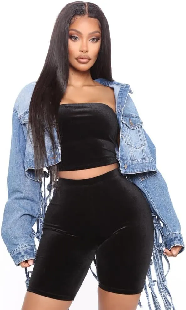 LAFOURAM Womens Cropped Jean Jacket Loose Long Fringe Distressed Button Down Ripped Back Knotted Denim Coat