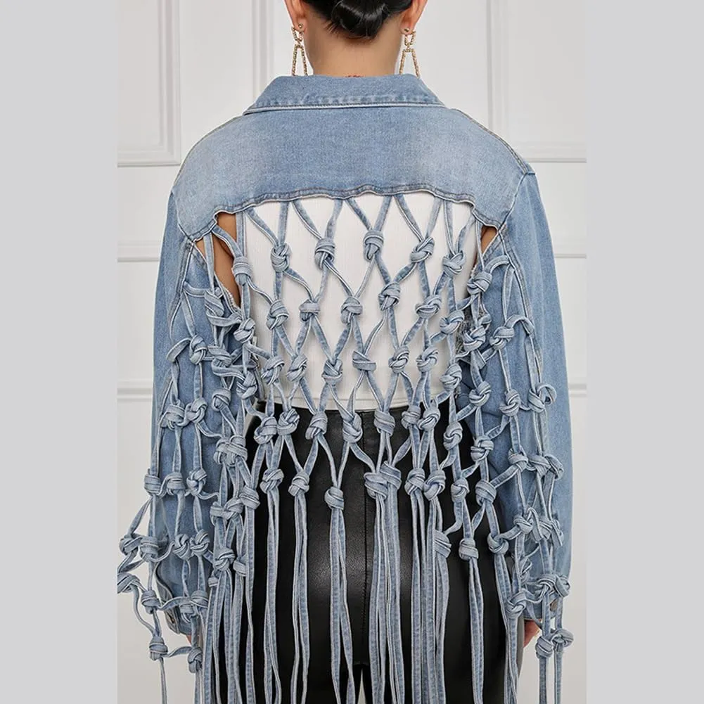 LAFOURAM Womens Cropped Jean Jacket Loose Long Fringe Distressed Button Down Ripped Back Knotted Denim Coat