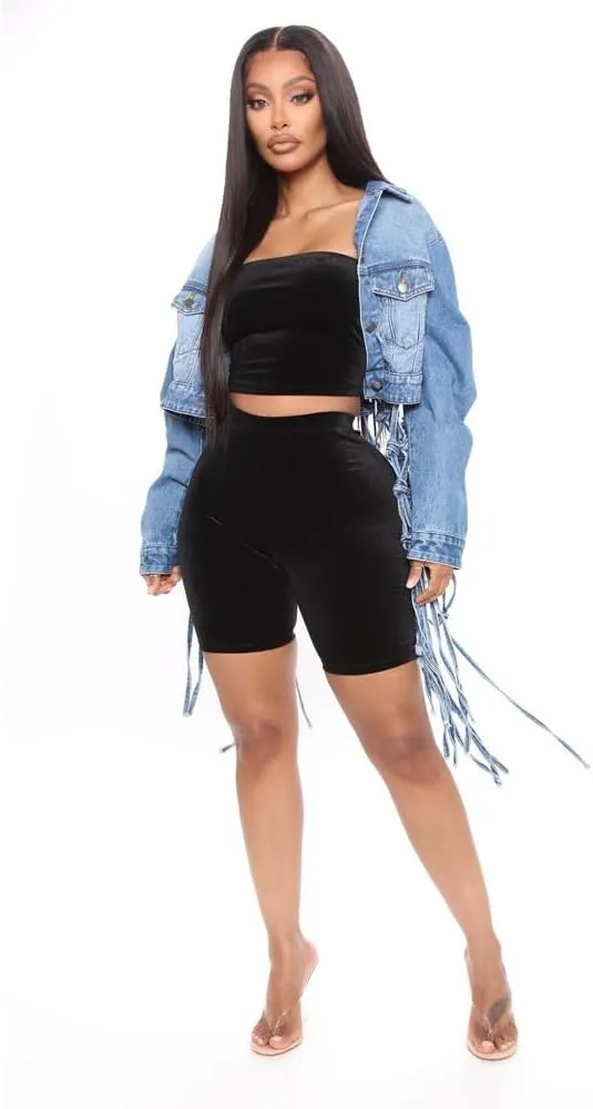 LAFOURAM Womens Cropped Jean Jacket Loose Long Fringe Distressed Button Down Ripped Back Knotted Denim Coat