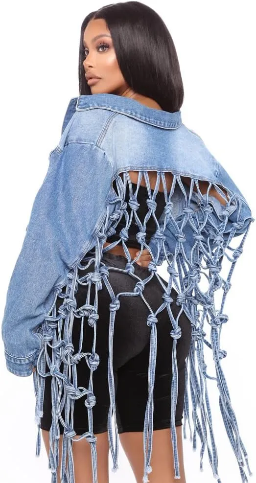 LAFOURAM Womens Cropped Jean Jacket Loose Long Fringe Distressed Button Down Ripped Back Knotted Denim Coat