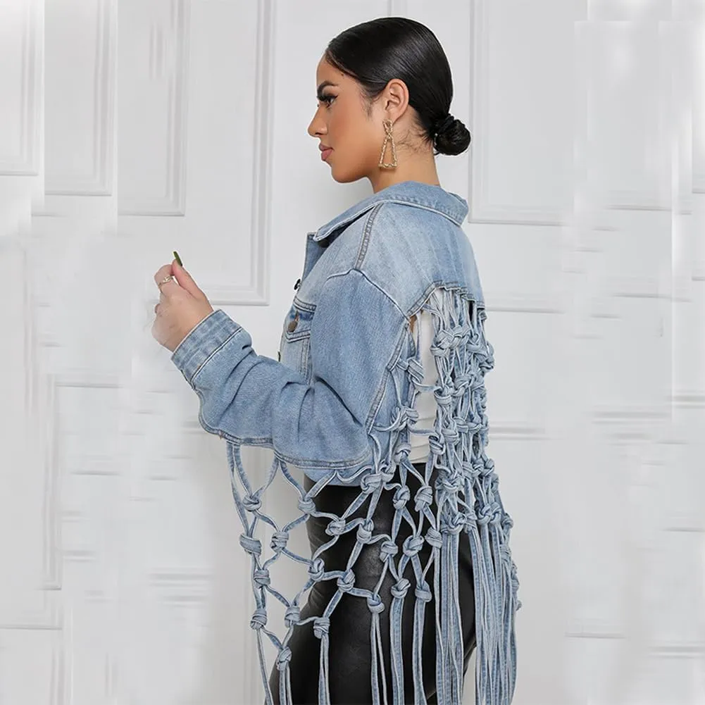 LAFOURAM Womens Cropped Jean Jacket Loose Long Fringe Distressed Button Down Ripped Back Knotted Denim Coat