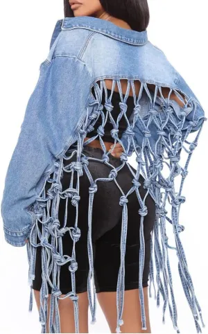 LAFOURAM Womens Cropped Jean Jacket Loose Long Fringe Distressed Button Down Ripped Back Knotted Denim Coat
