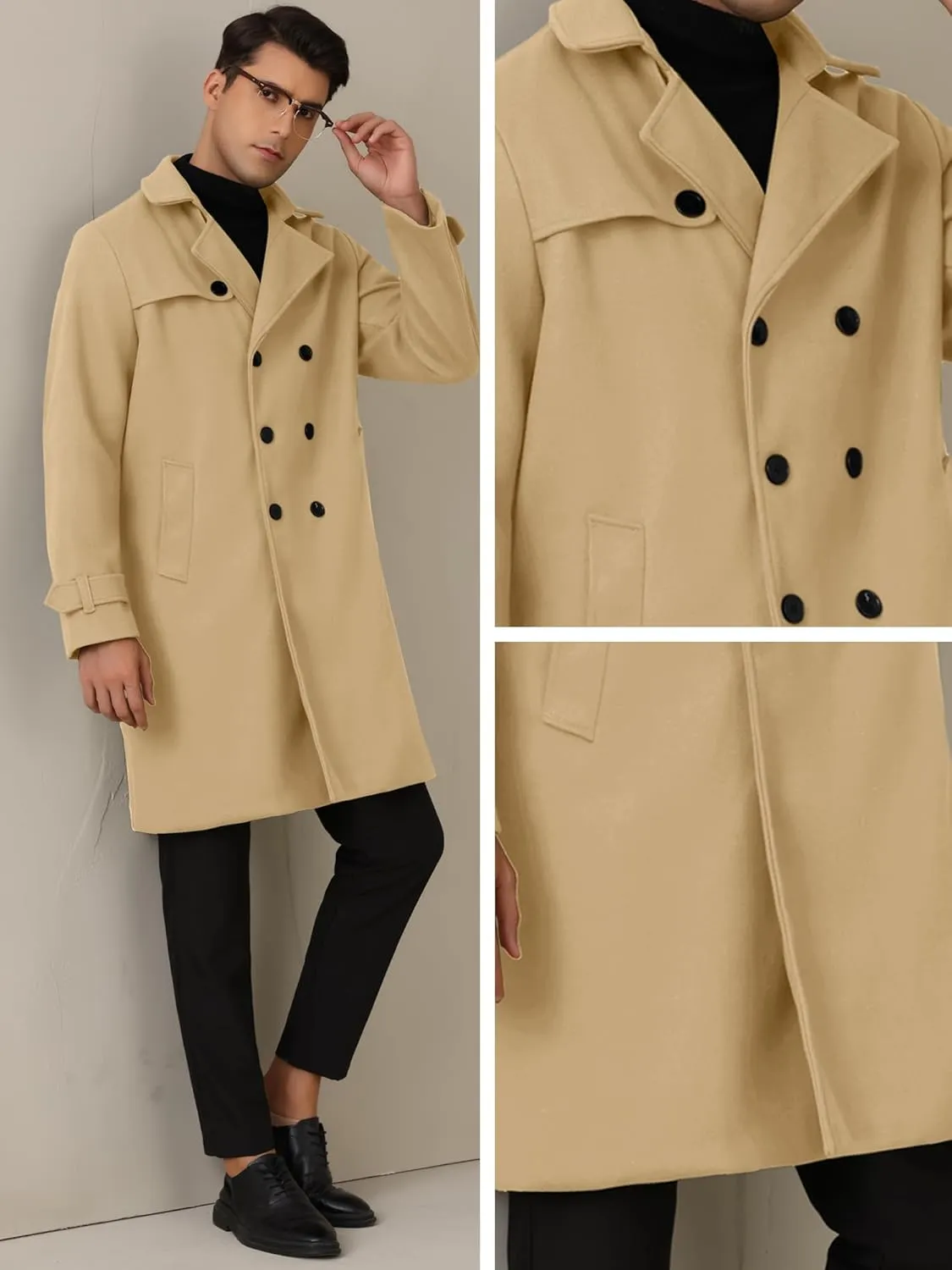 Lars Amadeus Winter Overcoat for Men's Double Breasted Long Coat Formal Notched Lapel Trench Coat