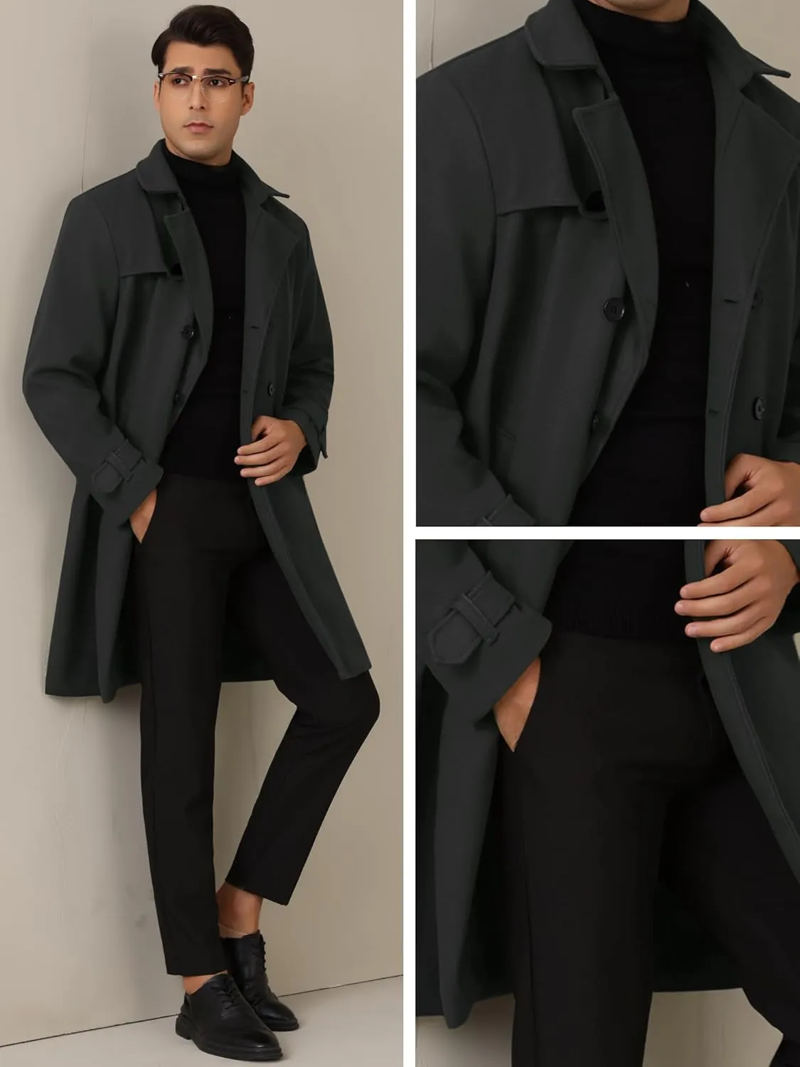 Lars Amadeus Winter Overcoat for Men's Double Breasted Long Coat Formal Notched Lapel Trench Coat
