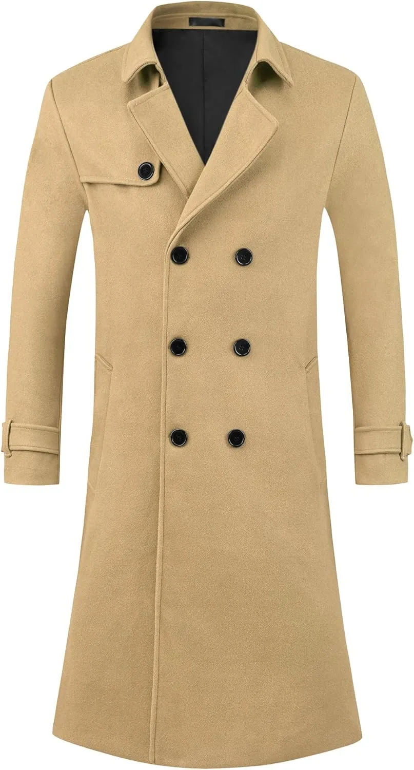 Lars Amadeus Winter Overcoat for Men's Double Breasted Long Coat Formal Notched Lapel Trench Coat