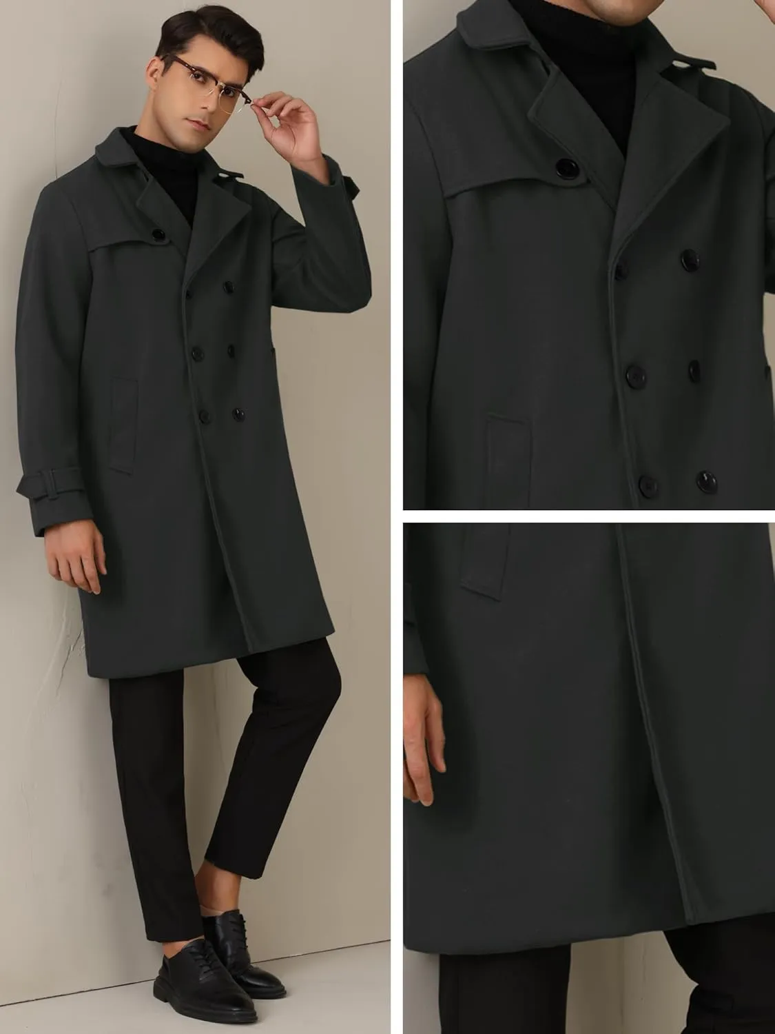 Lars Amadeus Winter Overcoat for Men's Double Breasted Long Coat Formal Notched Lapel Trench Coat