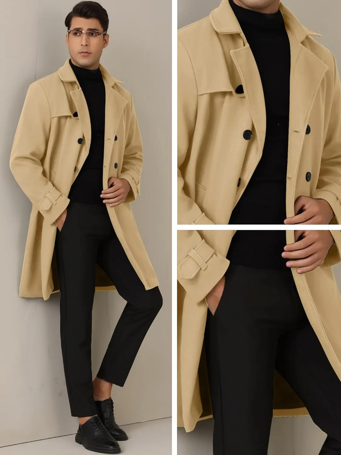 Lars Amadeus Winter Overcoat for Men's Double Breasted Long Coat Formal Notched Lapel Trench Coat