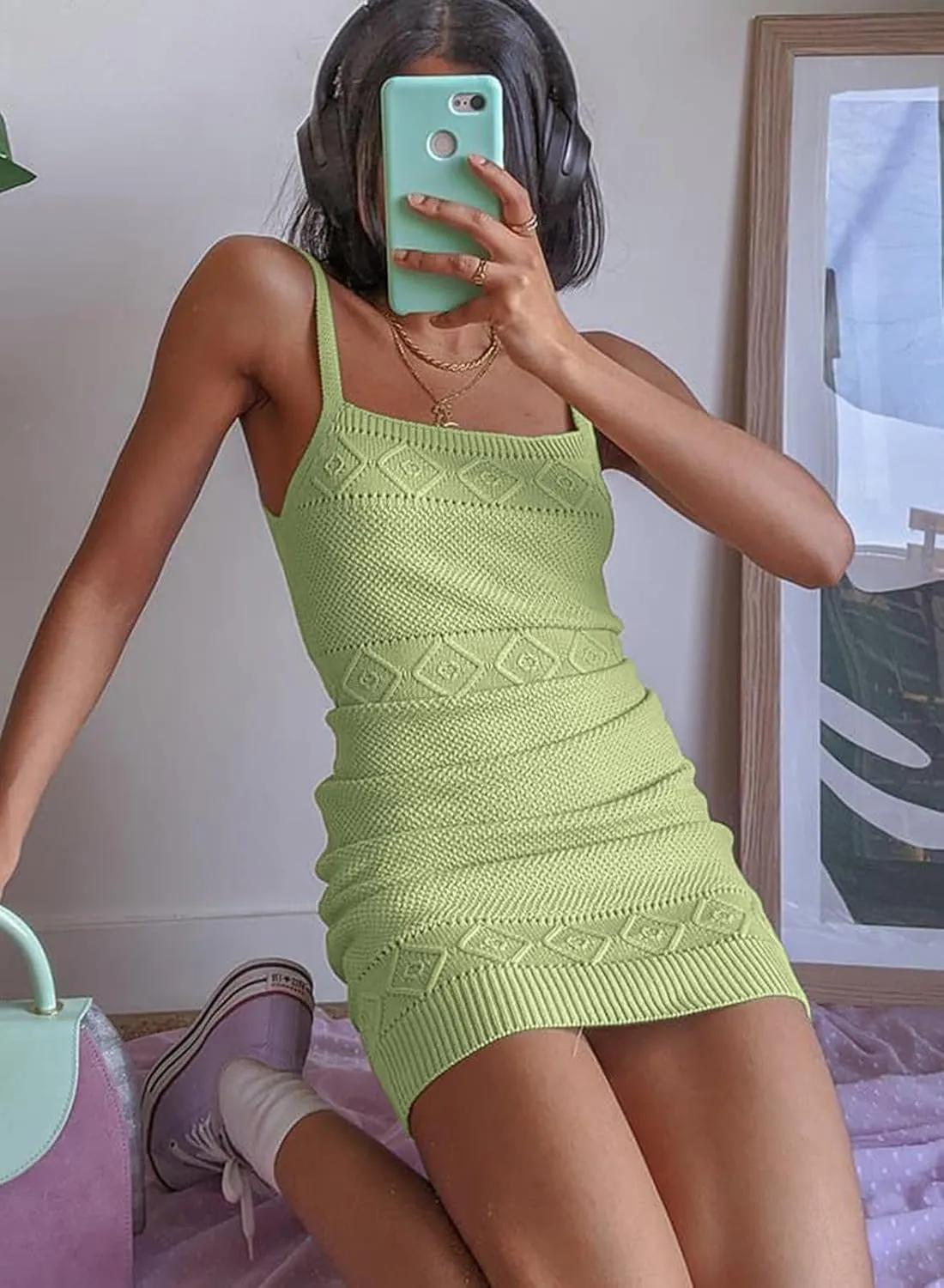Lesore Womens Summer Textured Knitted Strappy Mini Dress Bodycon Dresses