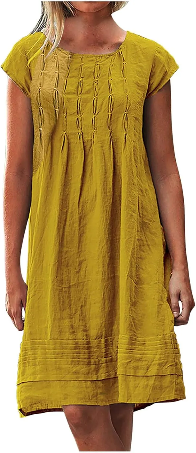 Linen Dress Women Summer Short Sleeve Pleated Casual Cotton Midi T-Shirt Dresses Beach Sundresses Vacation Outfits