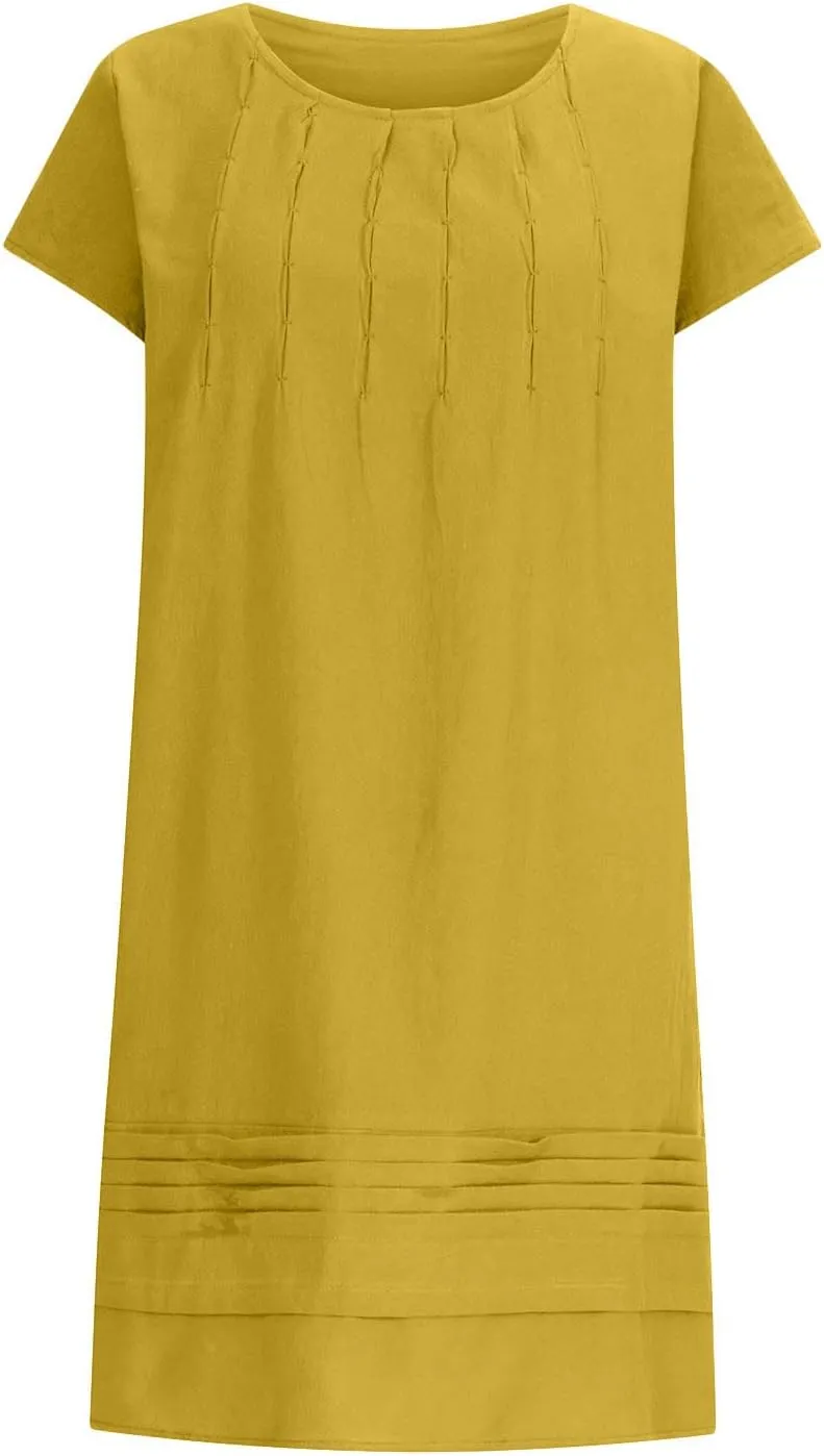 Linen Dress Women Summer Short Sleeve Pleated Casual Cotton Midi T-Shirt Dresses Beach Sundresses Vacation Outfits