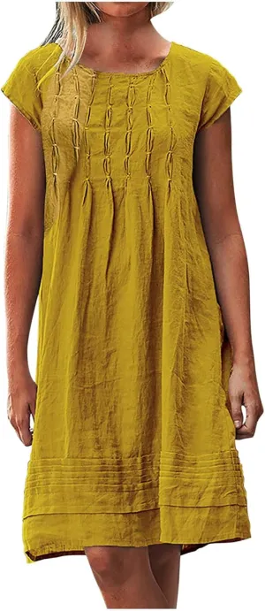Linen Dress Women Summer Short Sleeve Pleated Casual Cotton Midi T-Shirt Dresses Beach Sundresses Vacation Outfits