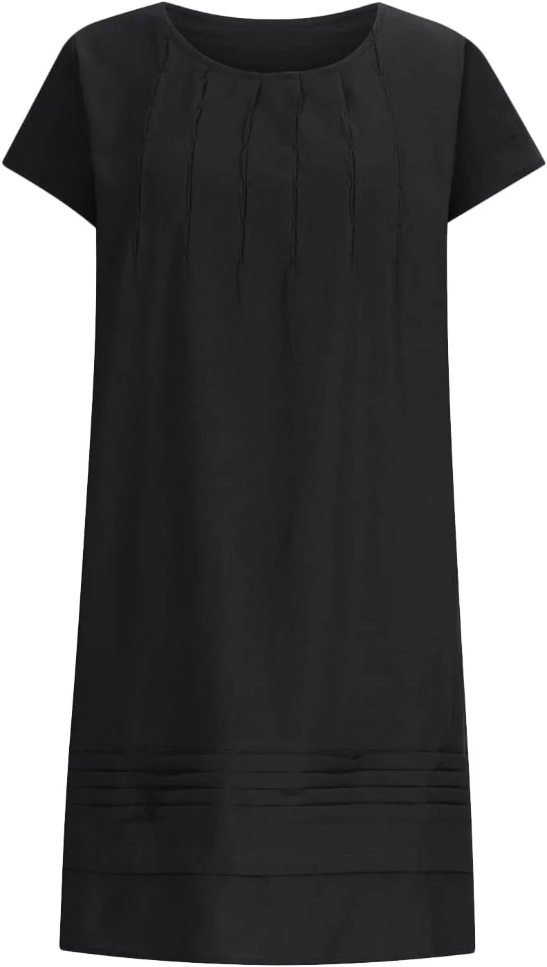 Linen Dress Women Summer Short Sleeve Pleated Casual Cotton Midi T-Shirt Dresses Beach Sundresses Vacation Outfits