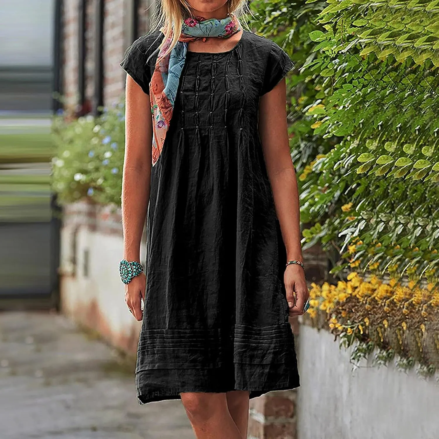 Linen Dress Women Summer Short Sleeve Pleated Casual Cotton Midi T-Shirt Dresses Beach Sundresses Vacation Outfits
