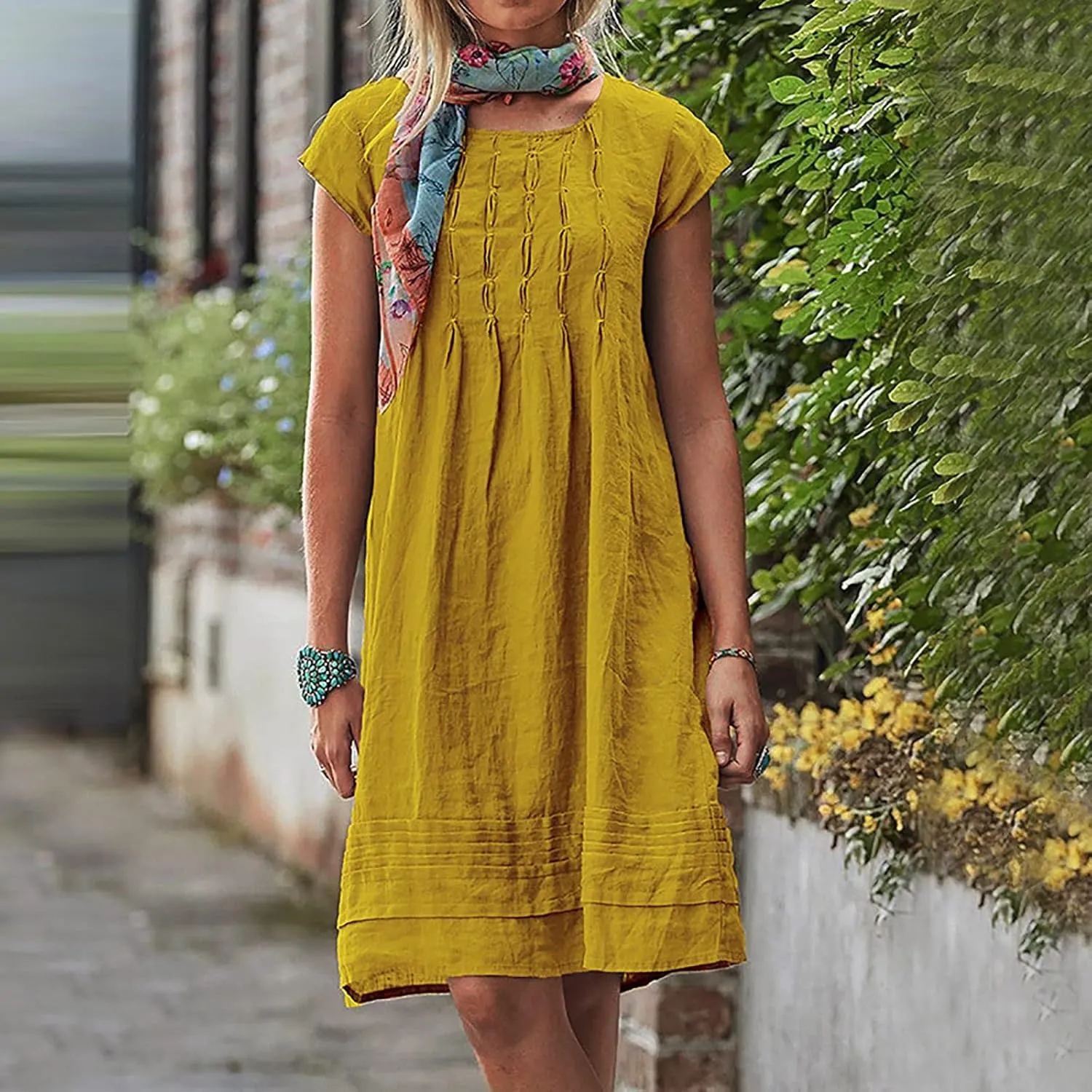 Linen Dress Women Summer Short Sleeve Pleated Casual Cotton Midi T-Shirt Dresses Beach Sundresses Vacation Outfits