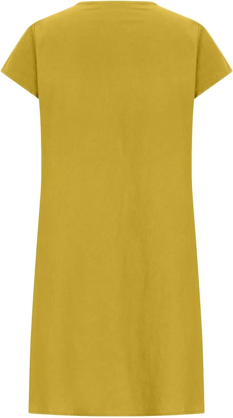 Linen Dress Women Summer Short Sleeve Pleated Casual Cotton Midi T-Shirt Dresses Beach Sundresses Vacation Outfits