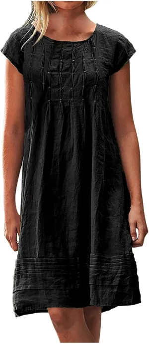 Linen Dress Women Summer Short Sleeve Pleated Casual Cotton Midi T-Shirt Dresses Beach Sundresses Vacation Outfits