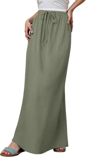 Linen Skirts for Women Summer Drawstring Waist A Line Skirt Cute Vacation Boho Long Flowy Skirts