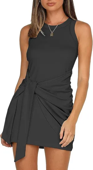 LIYOHON Women's Summer Casual Beach Dress Sleeveless Ruched Tie Tank Bodycon Wrap Mini Dresses