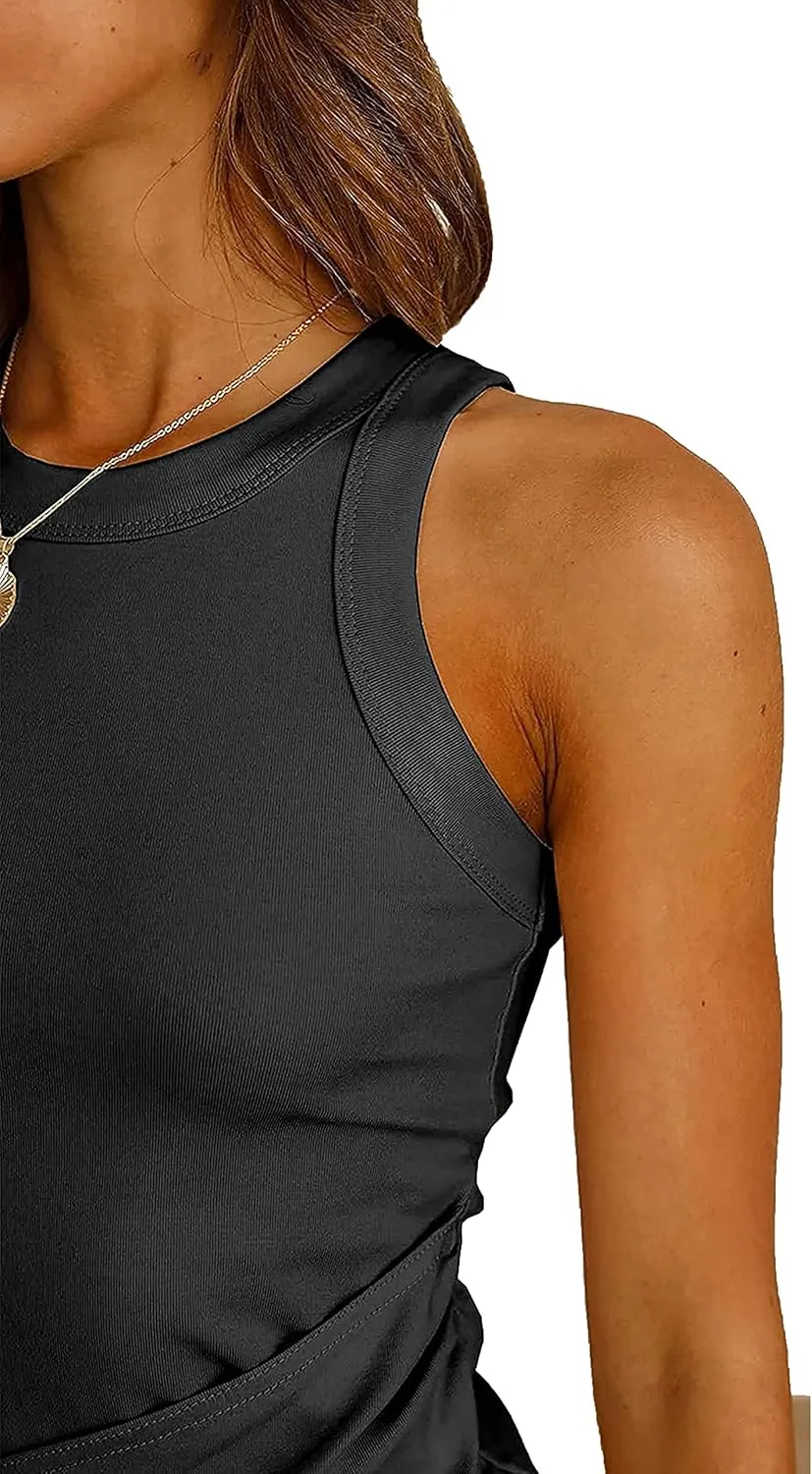 LIYOHON Women's Summer Casual Beach Dress Sleeveless Ruched Tie Tank Bodycon Wrap Mini Dresses