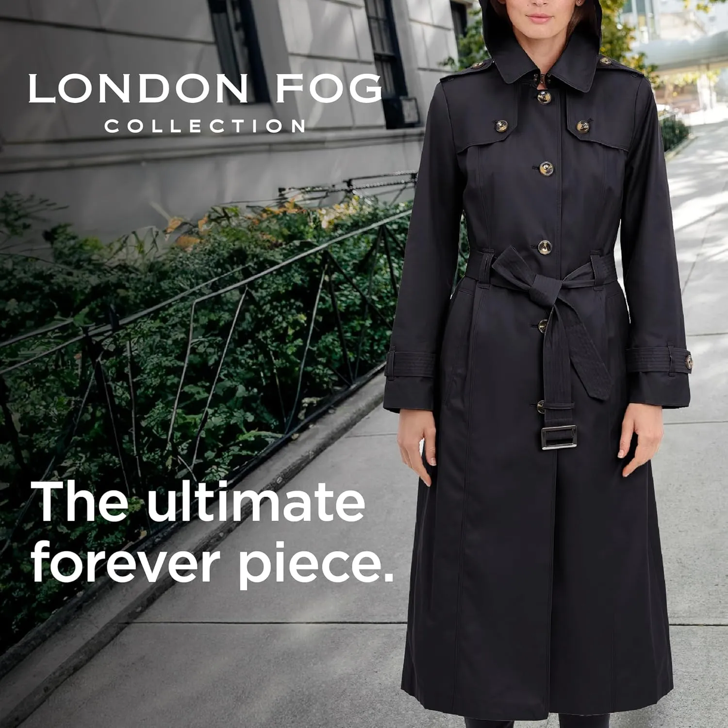 LONDON FOG Women's Single Breasted Long Trench Coat with Epaulettes and Belt