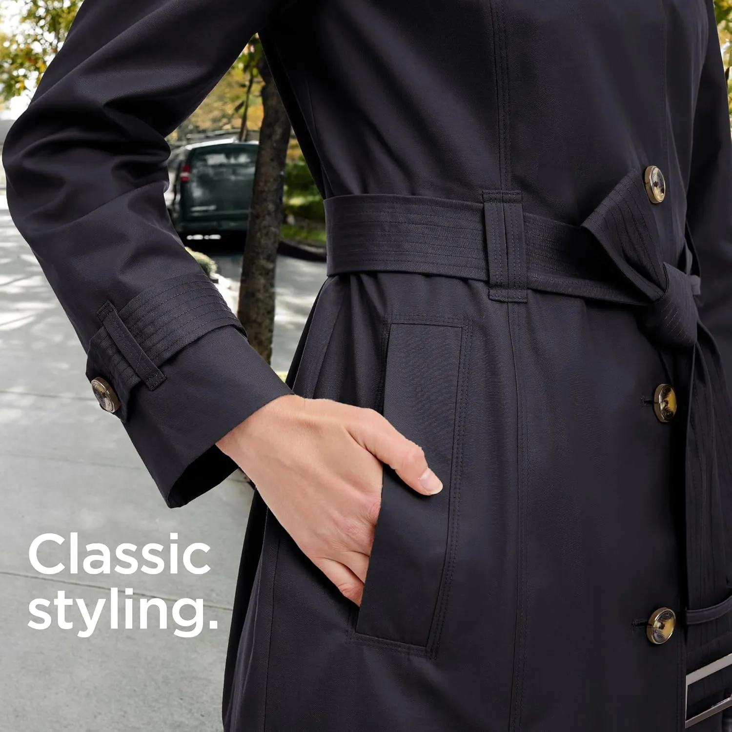 LONDON FOG Women's Single Breasted Long Trench Coat with Epaulettes and Belt