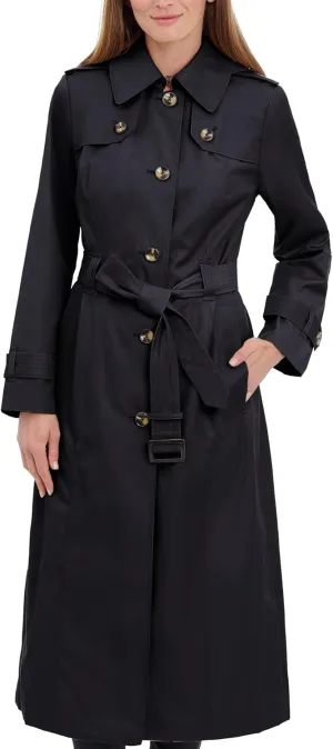 LONDON FOG Women's Single Breasted Long Trench Coat with Epaulettes and Belt
