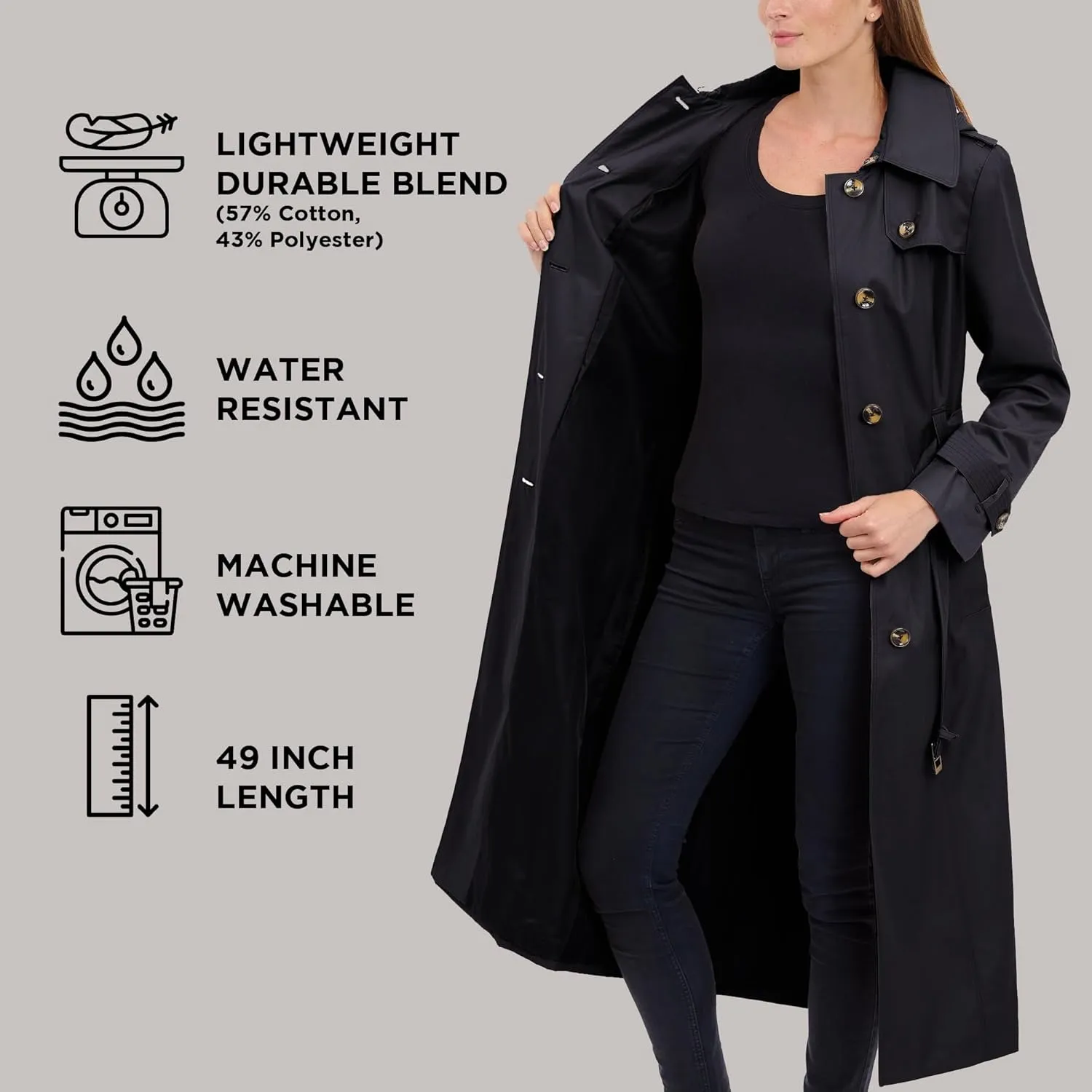 LONDON FOG Women's Single Breasted Long Trench Coat with Epaulettes and Belt