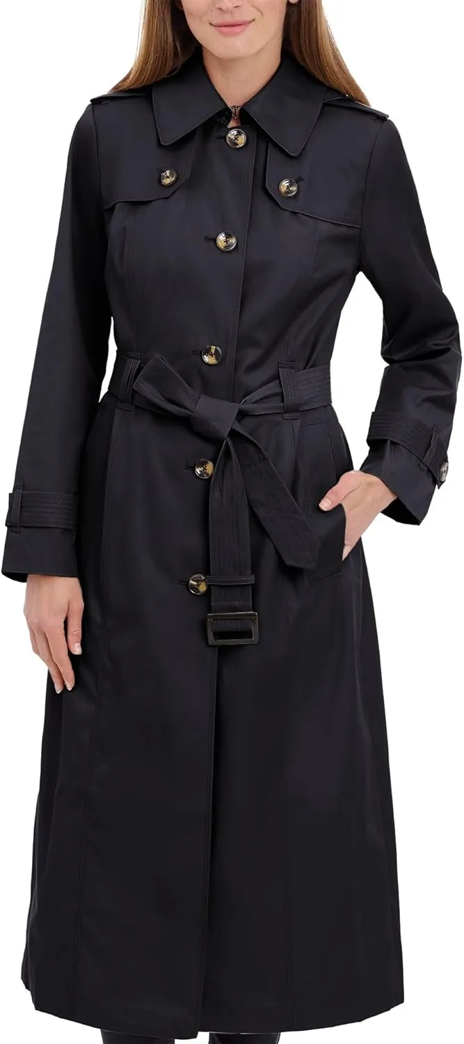 LONDON FOG Women's Single Breasted Long Trench Coat with Epaulettes and Belt