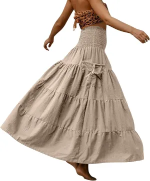 Long Maxi Skirts for Women Boho Solid High Waisted Casual A Line Skirt Pleated Beach Flowy Swing Midi Skirt