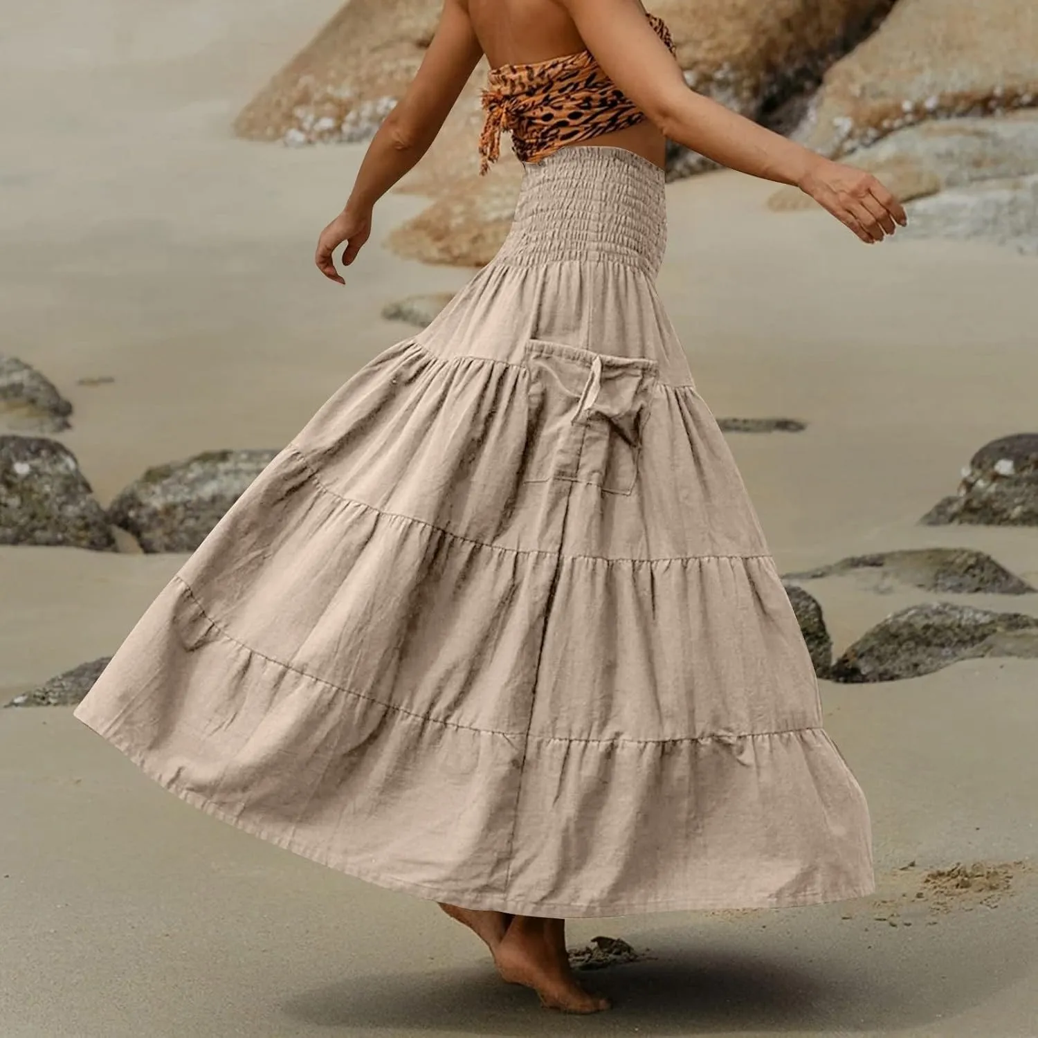 Long Maxi Skirts for Women Boho Solid High Waisted Casual A Line Skirt Pleated Beach Flowy Swing Midi Skirt
