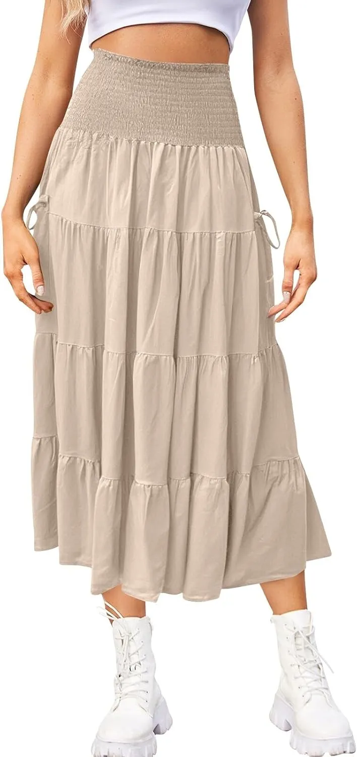 Long Maxi Skirts for Women Boho Solid High Waisted Casual A Line Skirt Pleated Beach Flowy Swing Midi Skirt