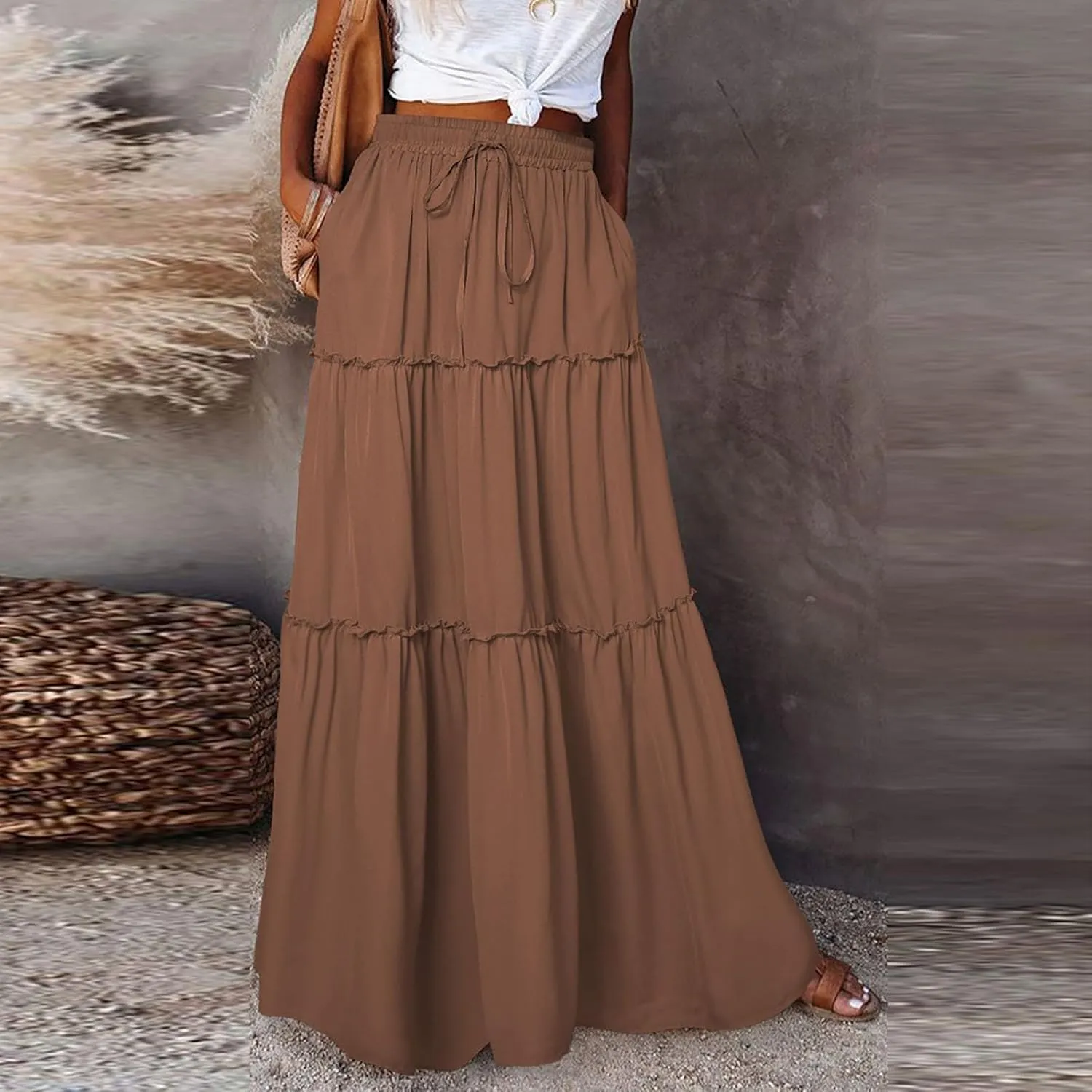 Long Skirt,Flowy Skirts for Women 2025 Elastic High Waisted Linen Trendy Womens Boho Maxi Skirt with Pockets