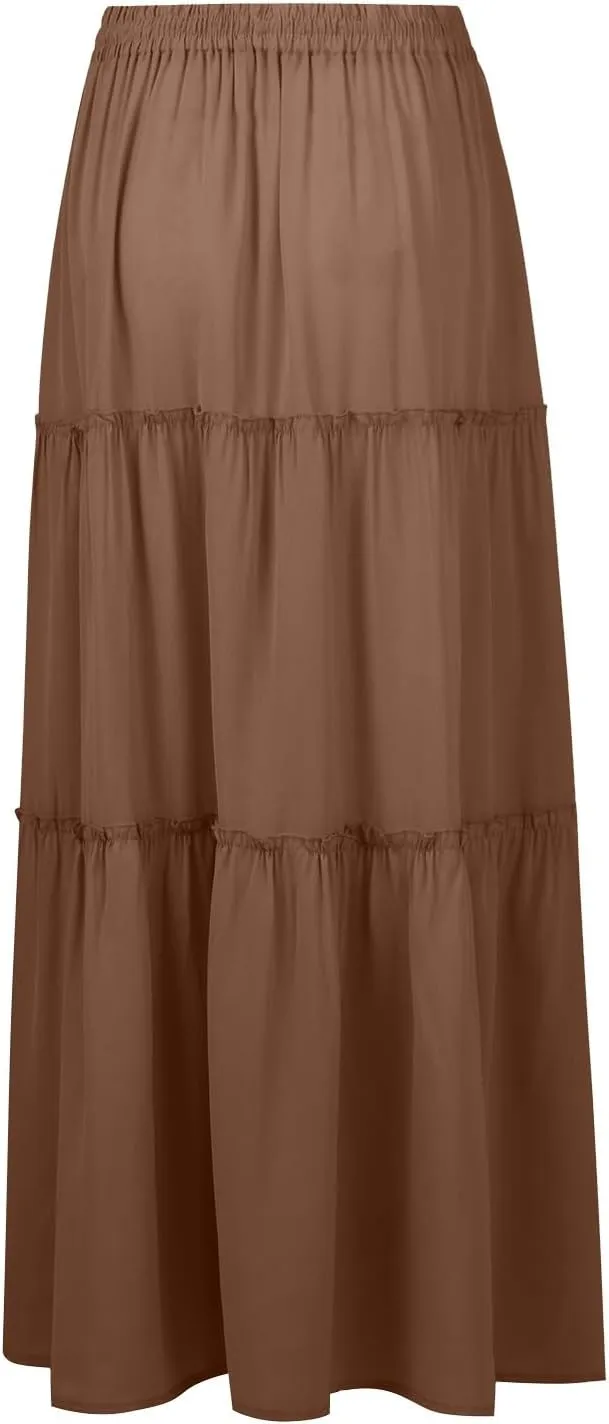 Long Skirt,Flowy Skirts for Women 2025 Elastic High Waisted Linen Trendy Womens Boho Maxi Skirt with Pockets