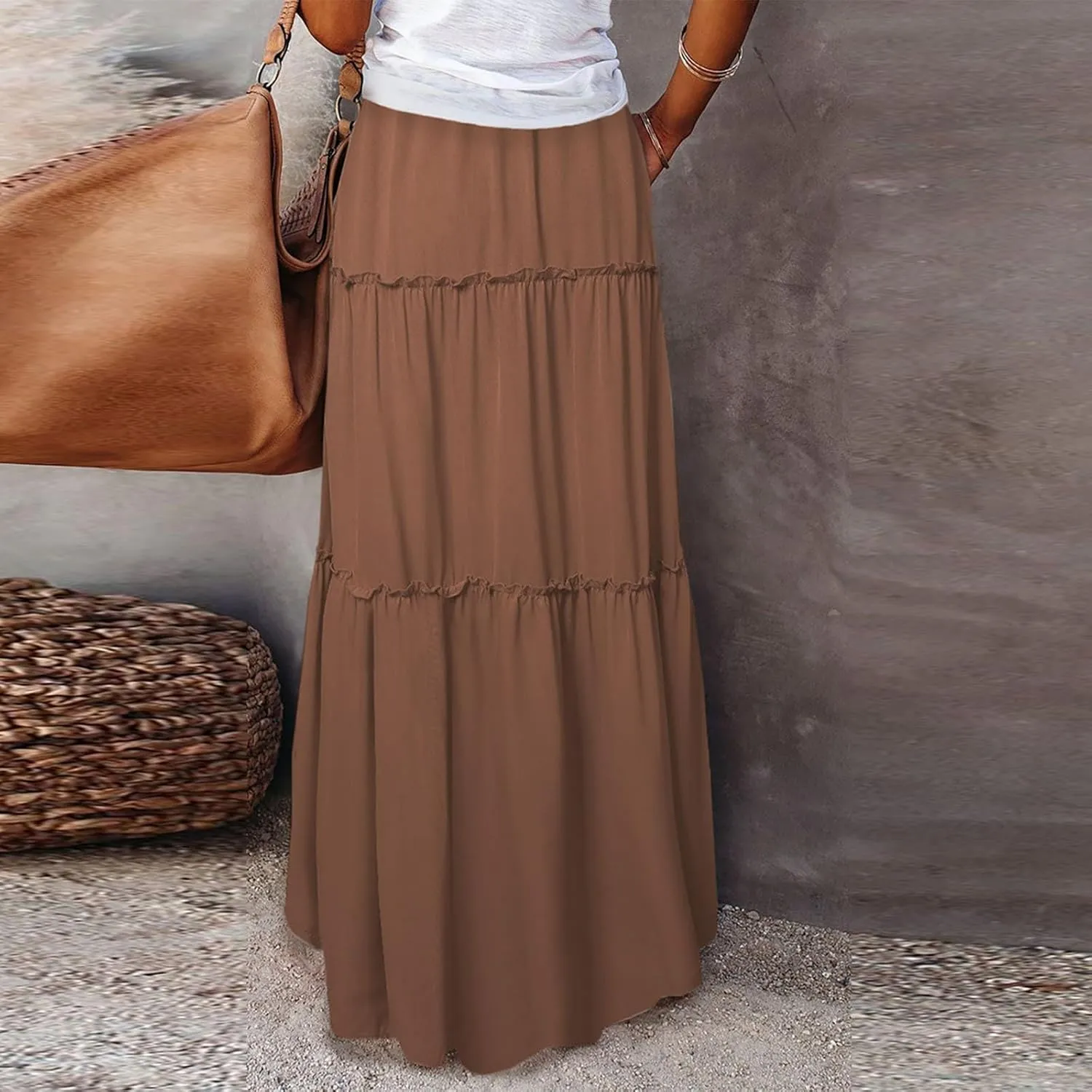 Long Skirt,Flowy Skirts for Women 2025 Elastic High Waisted Linen Trendy Womens Boho Maxi Skirt with Pockets