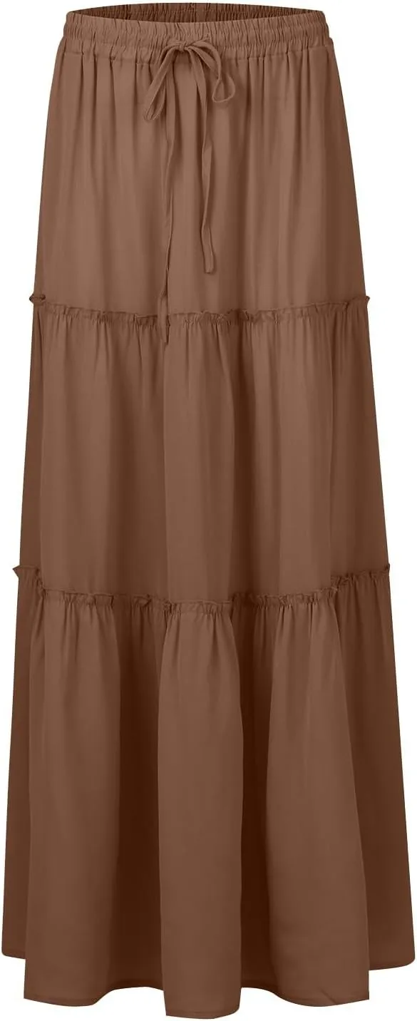 Long Skirt,Flowy Skirts for Women 2025 Elastic High Waisted Linen Trendy Womens Boho Maxi Skirt with Pockets