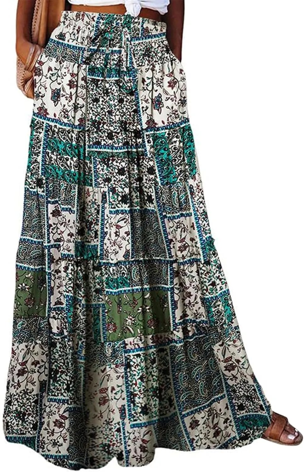 Long Skirt,Flowy Skirts for Women 2025 Elastic High Waisted Trendy Pleated Womens Boho Maxi Skirt with Pockets