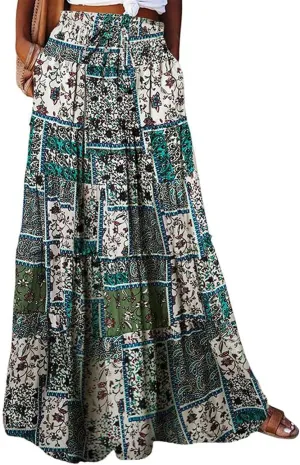 Long Skirt,Flowy Skirts for Women 2025 Elastic High Waisted Trendy Pleated Womens Boho Maxi Skirt with Pockets