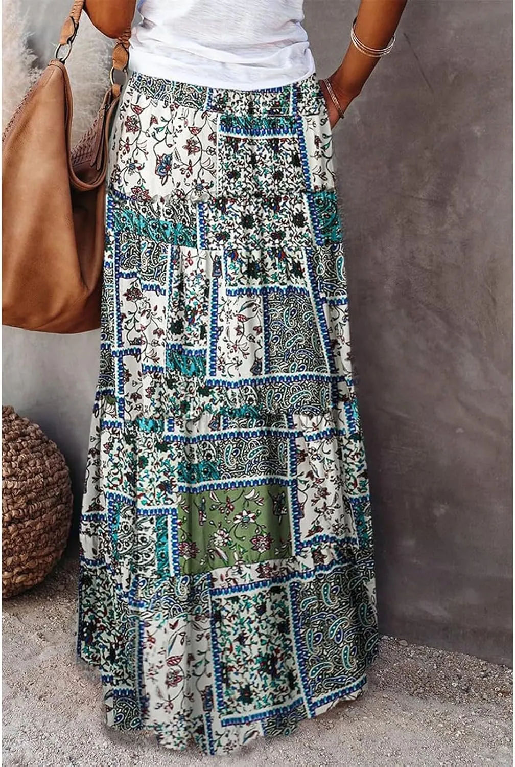 Long Skirt,Flowy Skirts for Women 2025 Elastic High Waisted Trendy Pleated Womens Boho Maxi Skirt with Pockets