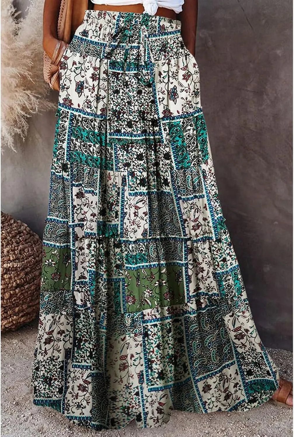 Long Skirt,Flowy Skirts for Women 2025 Elastic High Waisted Trendy Pleated Womens Boho Maxi Skirt with Pockets