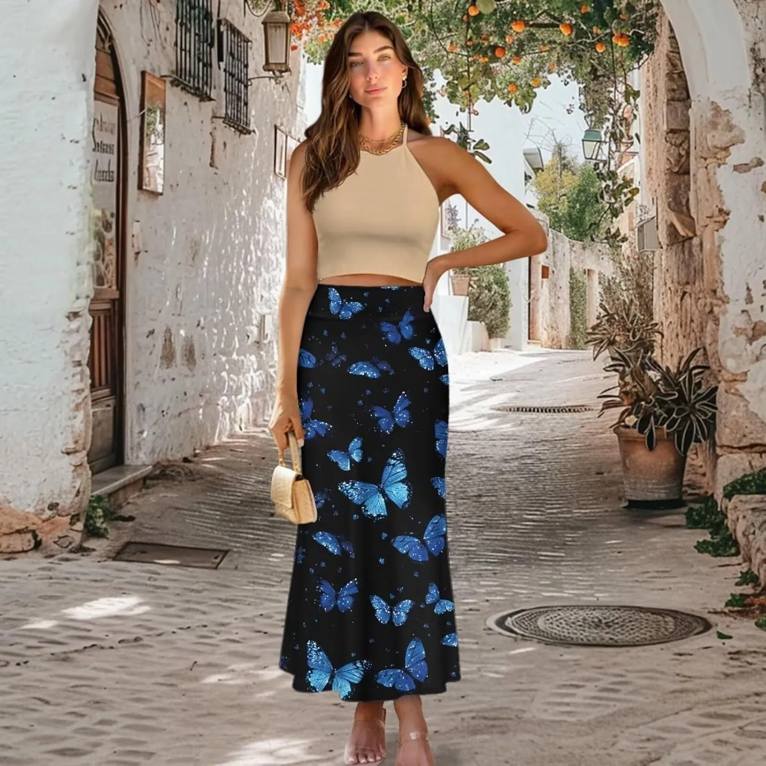 Long Skirts for Women High Waisted A-Line Stretchy Maxi Skirt Flared Casual Ruffle Hem Skirt Party Wedding Skirts